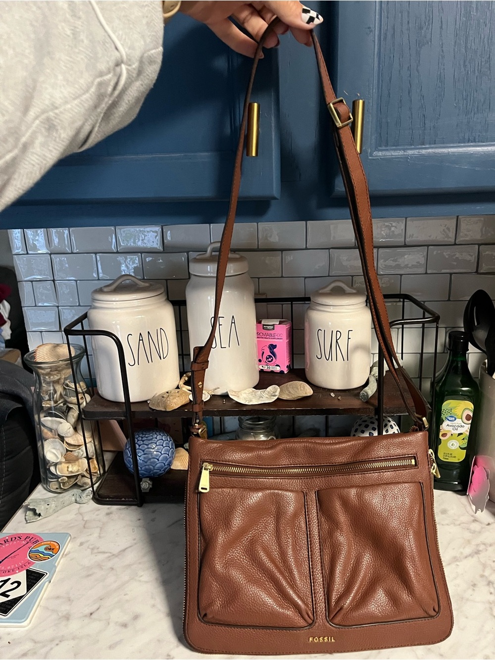 Fossil Cognac Leather Shoulder Bag with Gold Hardware